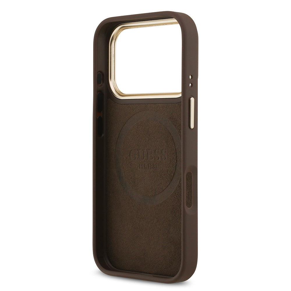 Apple iPhone 17 Pro Kılıf Guess Orjinal Lisanslı M-safe Şarj Özellikli 4G Desenli PU Metal Plaka Klasik Logolu Kapak Pembe