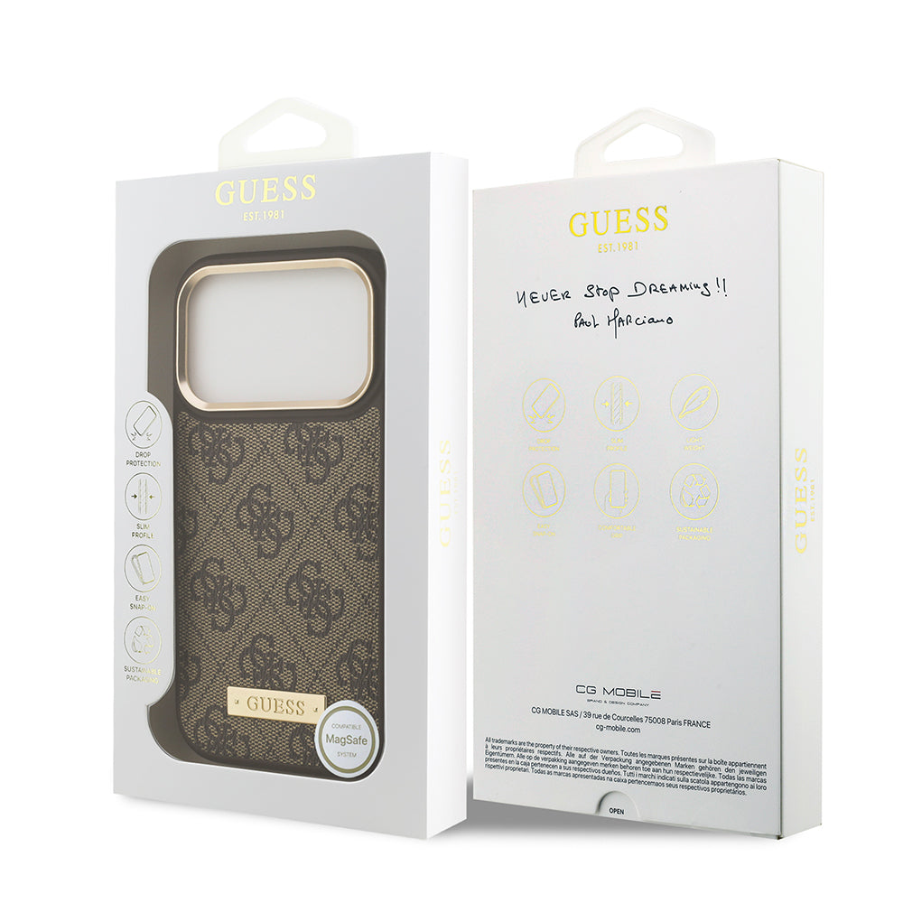 Apple iPhone 17 Pro Kılıf Guess Orjinal Lisanslı M-safe Şarj Özellikli 4G Desenli PU Metal Plaka Klasik Logolu Kapak Pembe