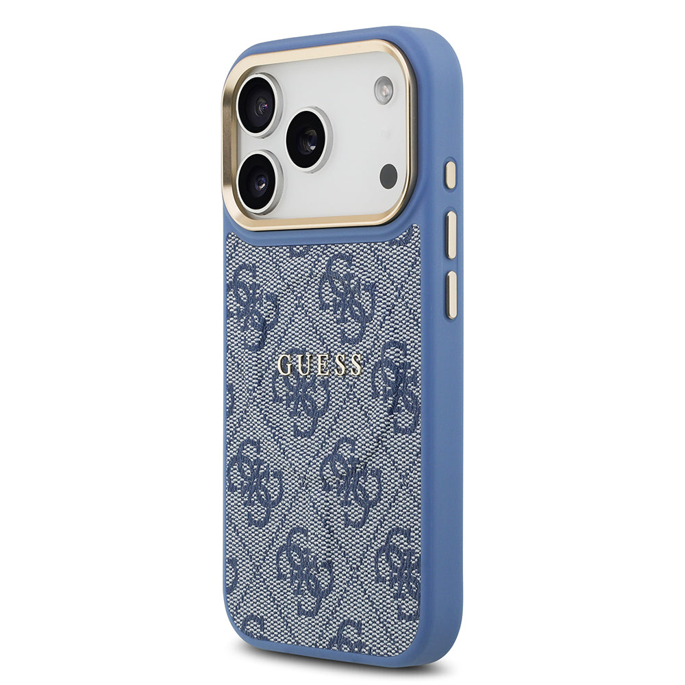 Apple iPhone 17 Pro Kılıf Guess Orjinal Lisanslı M-safe Şarj Özellikli Gold Metal Kamera Çerçeveli PU Deri 4G Desenli Yazı Logolu Kapak Pembe