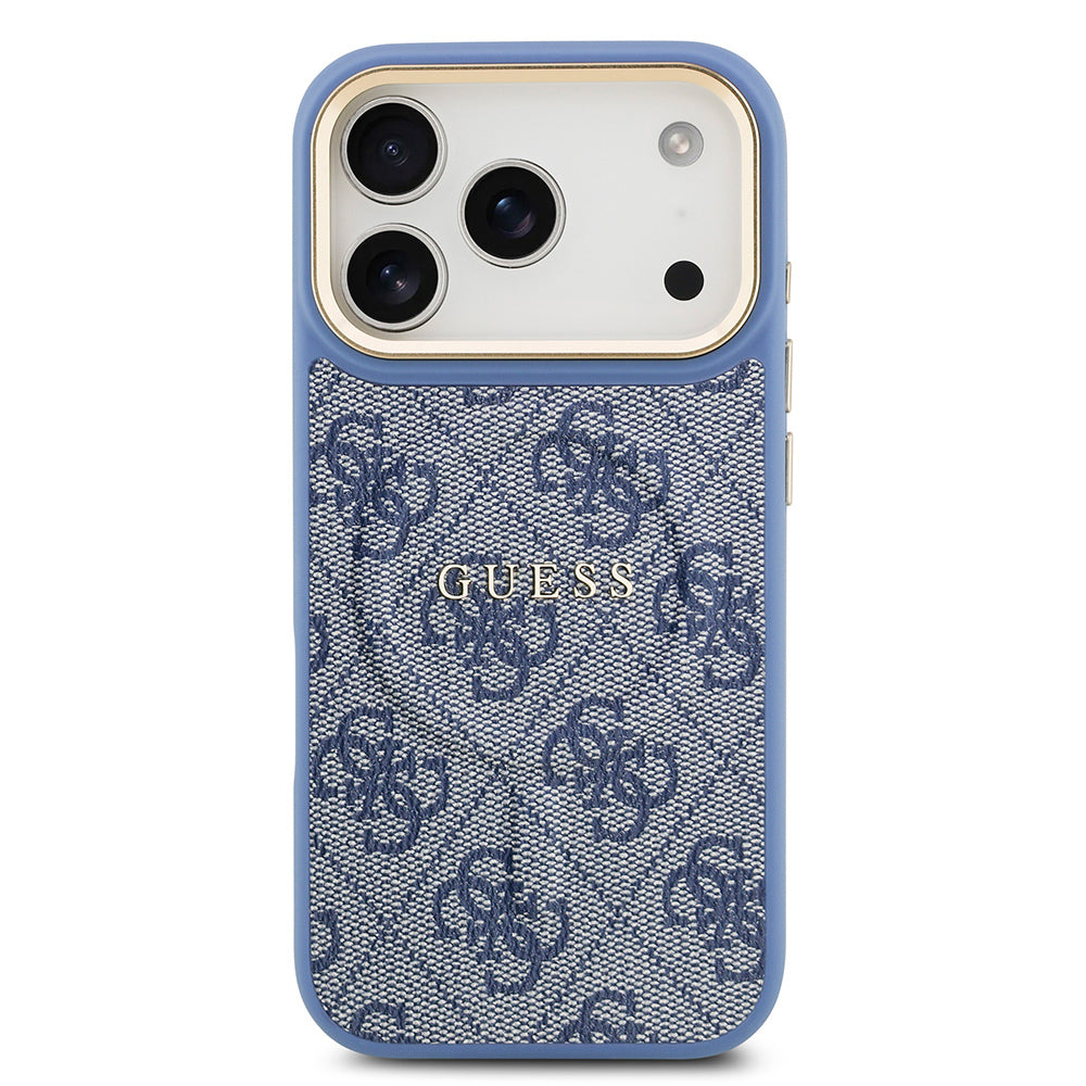 Apple iPhone 17 Pro Kılıf Guess Orjinal Lisanslı M-safe Şarj Özellikli Gold Metal Kamera Çerçeveli PU Deri 4G Desenli Yazı Logolu Kapak Siyah