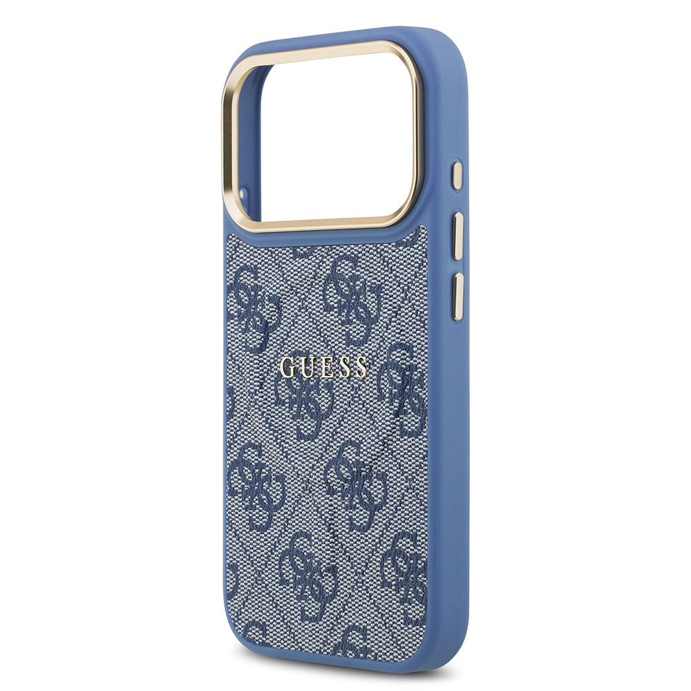 Apple iPhone 17 Pro Kılıf Guess Orjinal Lisanslı M-safe Şarj Özellikli Gold Metal Kamera Çerçeveli PU Deri 4G Desenli Yazı Logolu Kapak Kahverengi