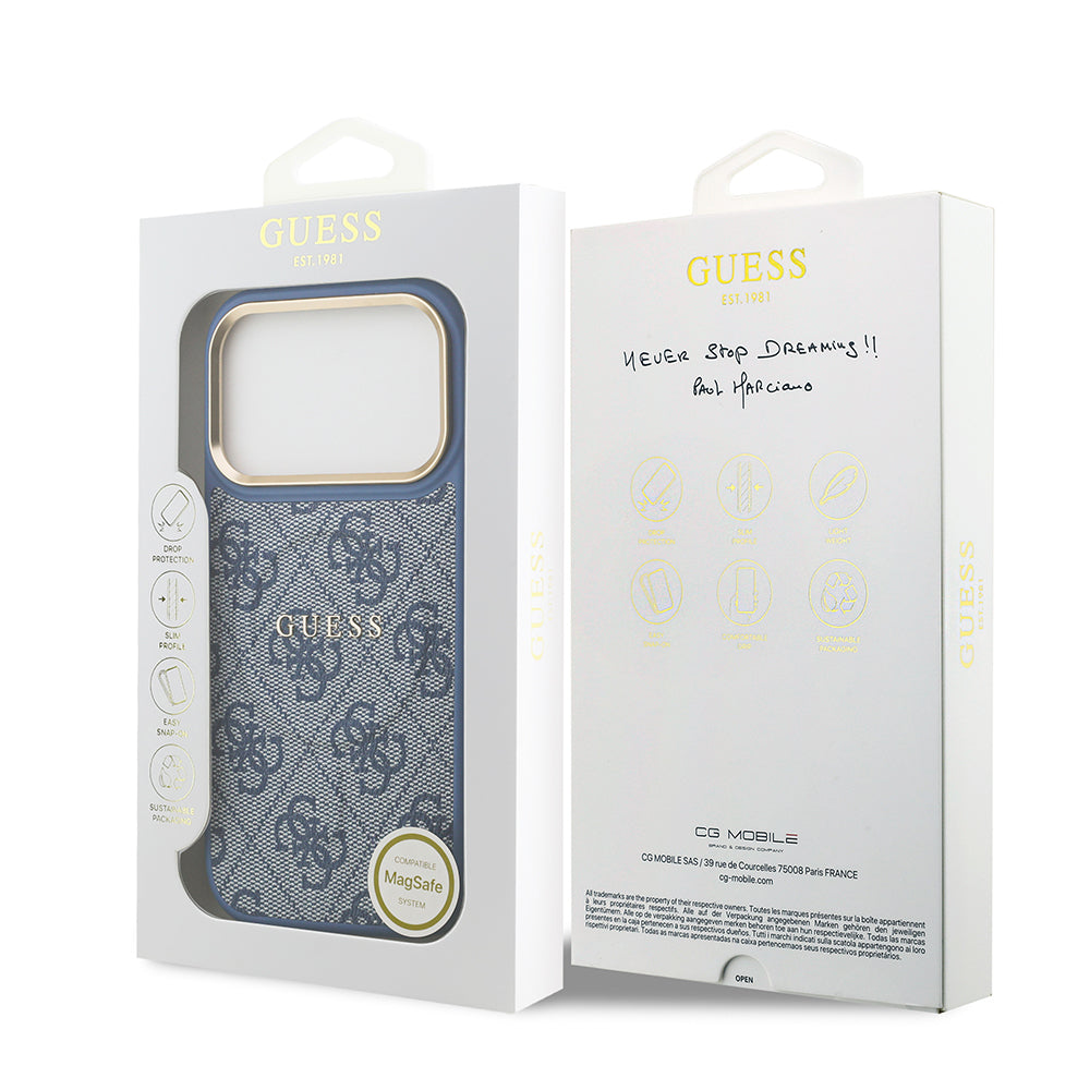 Apple iPhone 17 Pro Kılıf Guess Orjinal Lisanslı M-safe Şarj Özellikli Gold Metal Kamera Çerçeveli PU Deri 4G Desenli Yazı Logolu Kapak Kahverengi