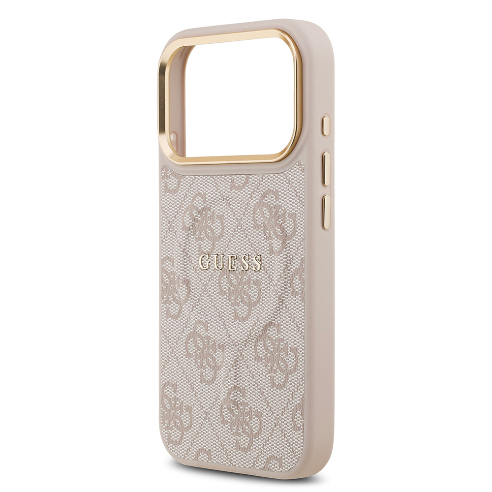 Apple iPhone 17 Pro Kılıf Guess Orjinal Lisanslı M-safe Şarj Özellikli Gold Metal Kamera Çerçeveli PU Deri 4G Desenli Yazı Logolu Kapak Kahverengi