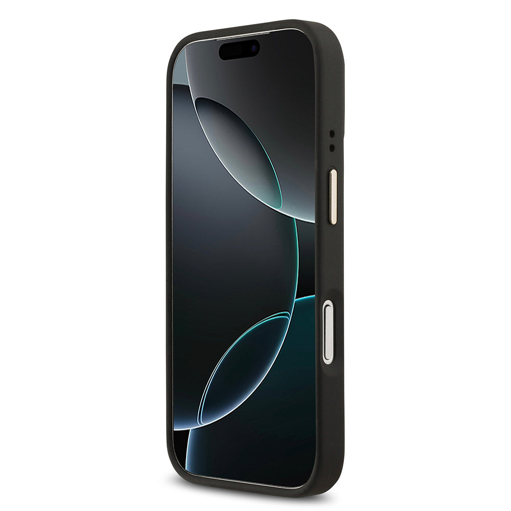 Apple iPhone 17 Pro Kılıf Guess Orjinal Lisanslı M-safe Şarj Özellikli Grained Yazı ve Taşlı 4G Logolu Kapak Siyah