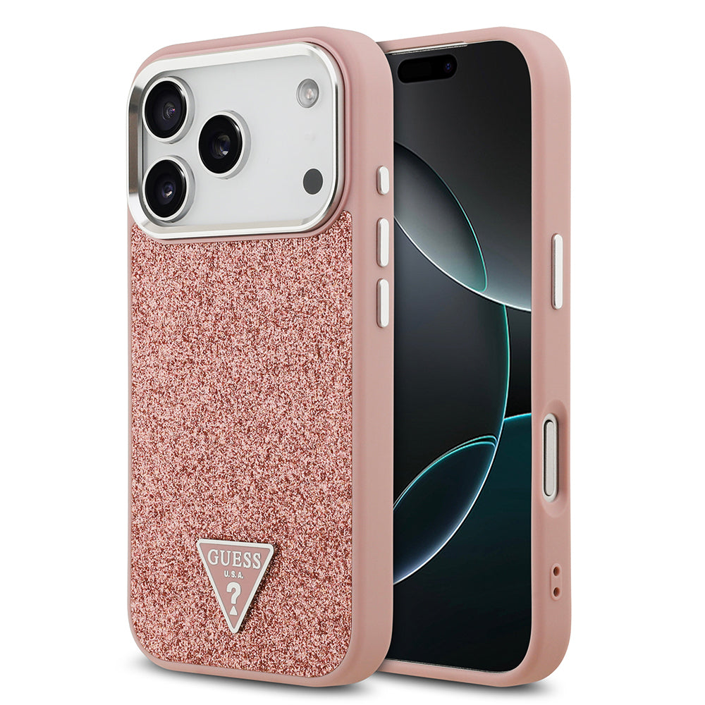 Apple iPhone 17 Pro Kılıf Guess Orjinal Lisanslı M-safe Şarj Özellikli Metal Kamera Çerçeveli Üçgen Logolu Glitter Kapak Pembe