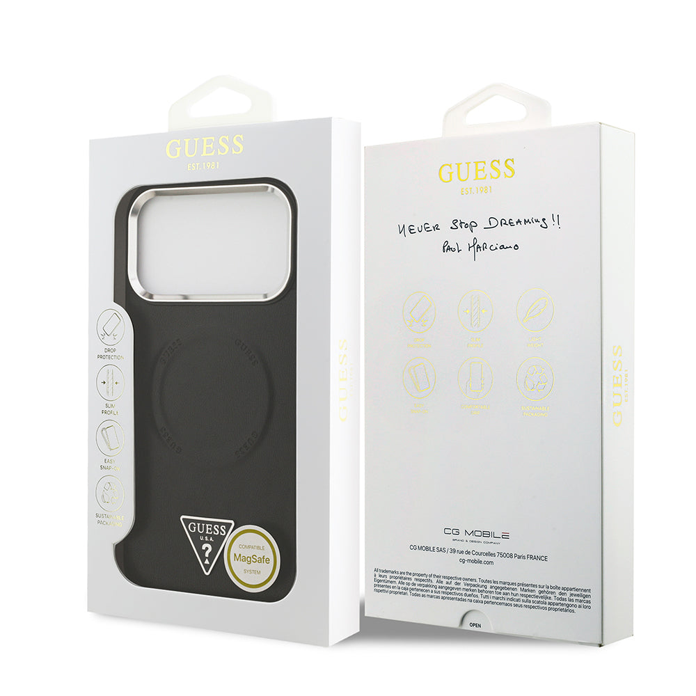 Apple iPhone 17 Pro Kılıf Guess Orjinal Lisanslı M-safe Şarj Özellikli PU Deri Metal Kamera Çerçeveli Üçgen Logolu Kapak Siyah