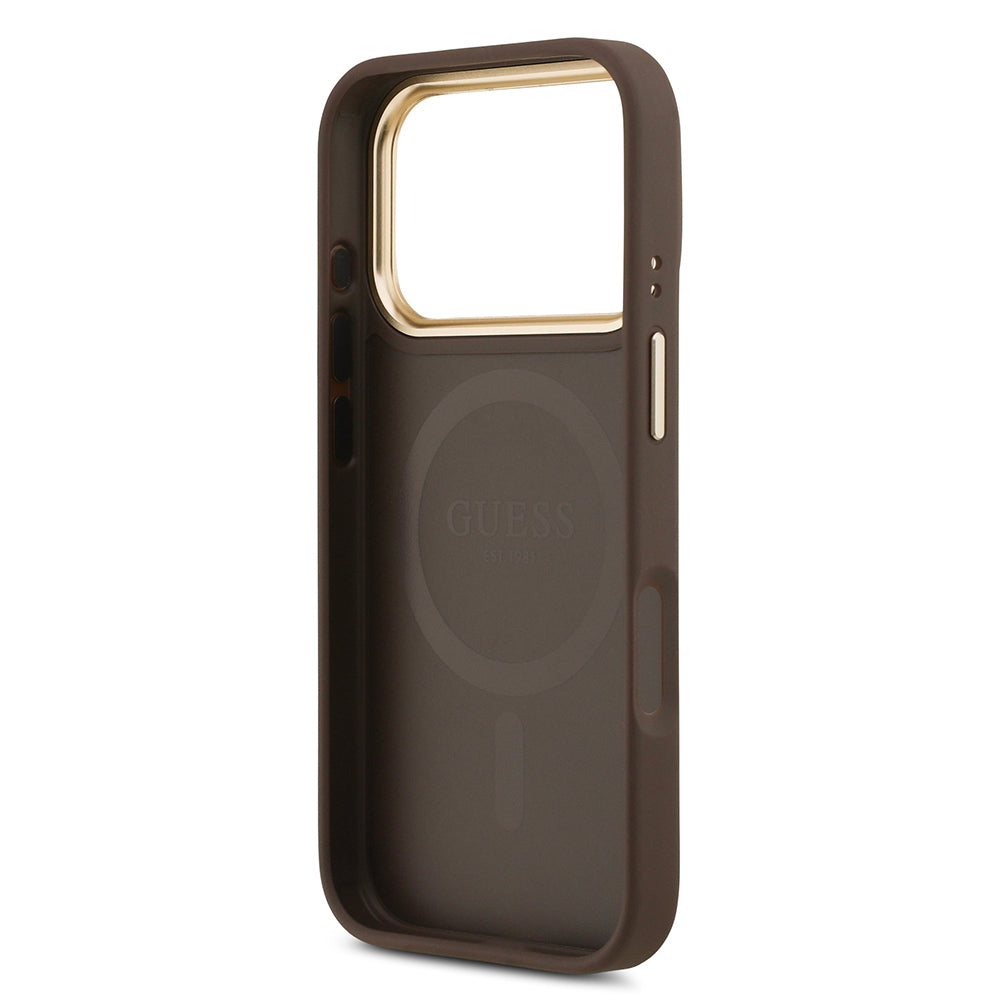 Apple iPhone 17 Pro Kılıf Guess Orjinal Lisanslı M-safe Şarj Özellikli Sıcak Baskılı Yazı Logolu PU Deri Peony Kapak Siyah