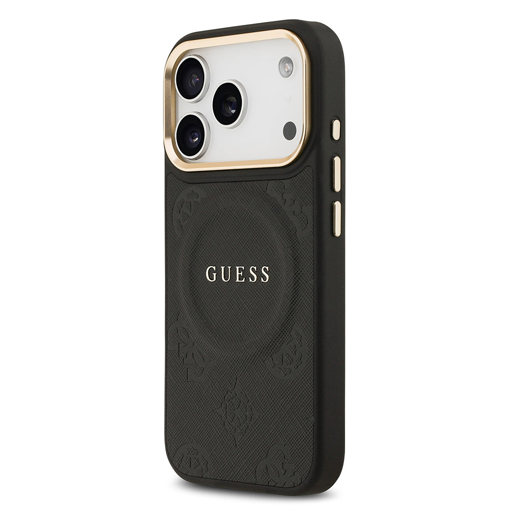 Apple iPhone 17 Pro Kılıf Guess Orjinal Lisanslı M-safe Şarj Özellikli Sıcak Baskılı Yazı Logolu PU Deri Peony Kapak Pembe