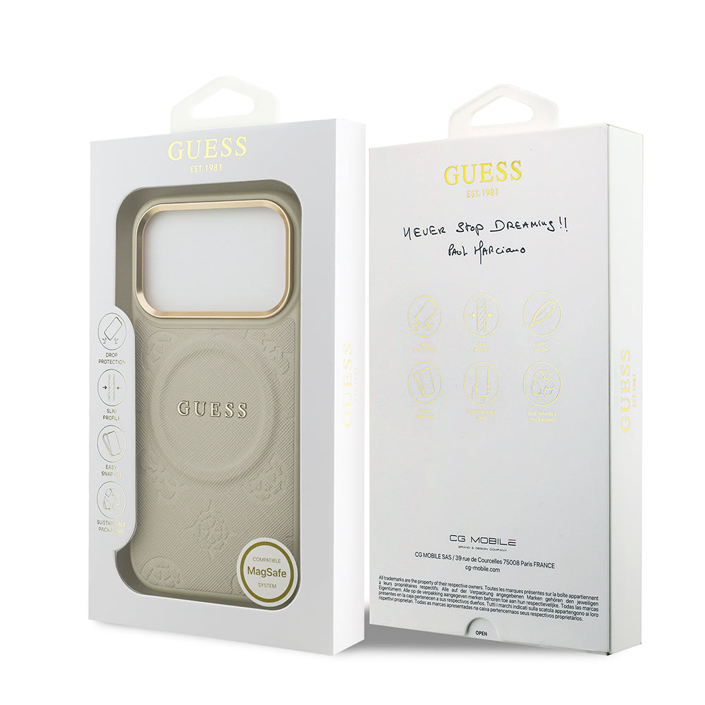 Apple iPhone 17 Pro Kılıf Guess Orjinal Lisanslı M-safe Şarj Özellikli Sıcak Baskılı Yazı Logolu PU Deri Peony Kapak Siyah