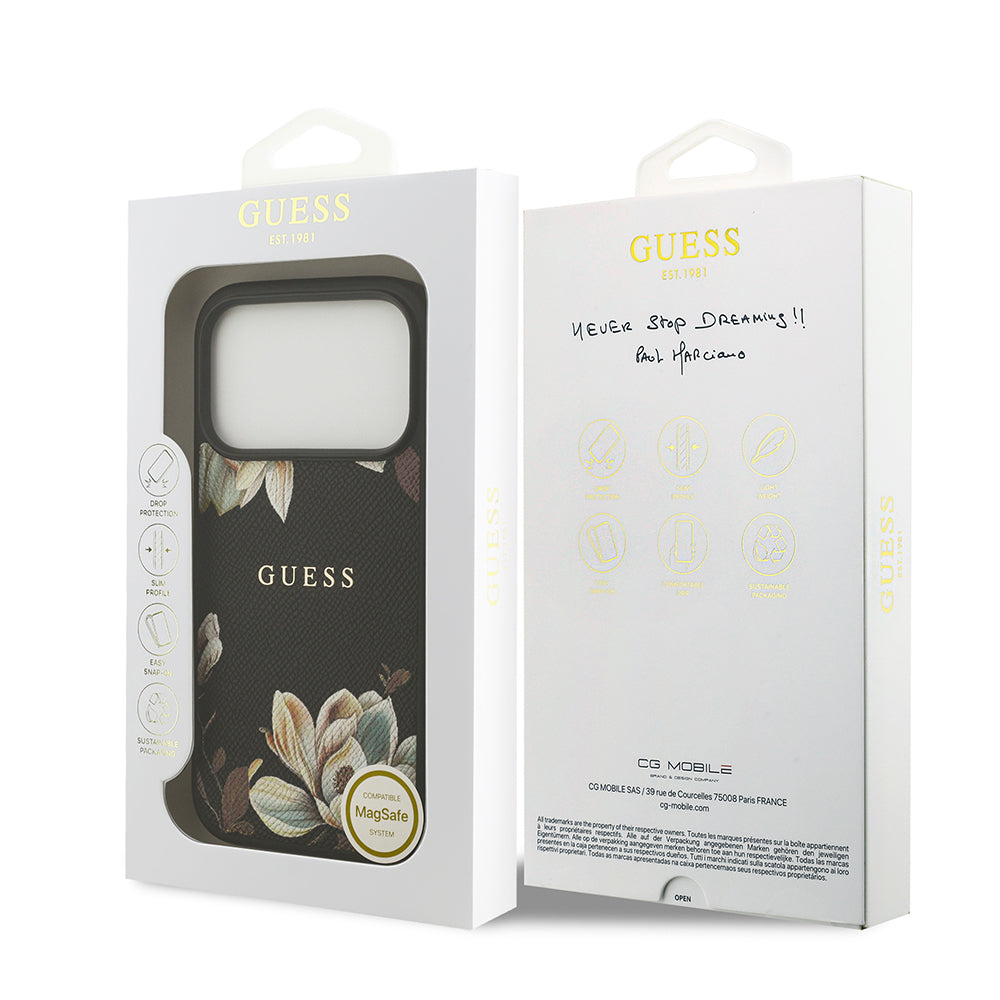 Apple iPhone 17 Pro Kılıf Guess Orjinal Lisanslı M-safe Şarj Özellikli Taneli Çiçek Tasarımlı Metal Yazı Logolu Kapak Siyah