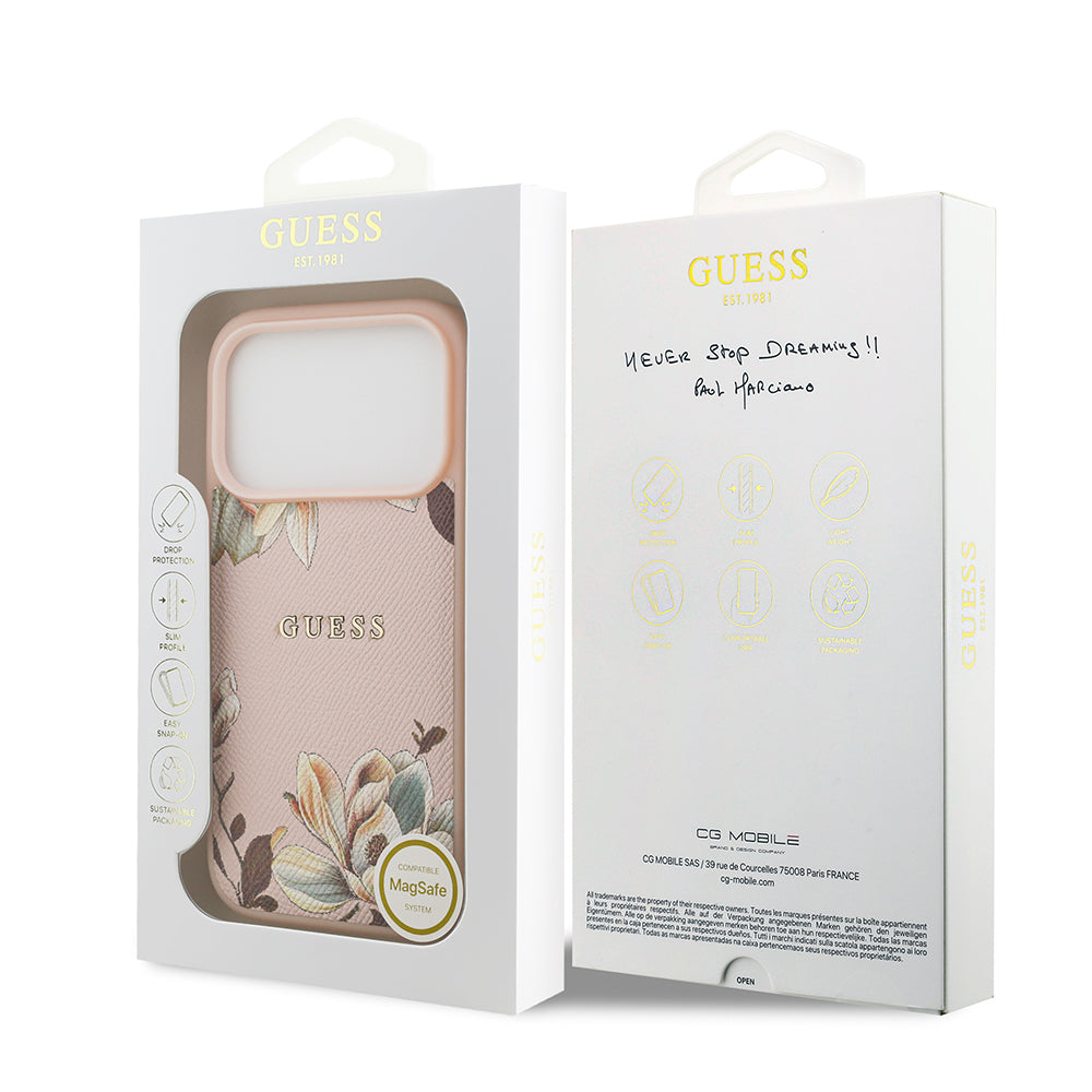 Apple iPhone 17 Pro Kılıf Guess Orjinal Lisanslı M-safe Şarj Özellikli Taneli Çiçek Tasarımlı Metal Yazı Logolu Kapak Pembe