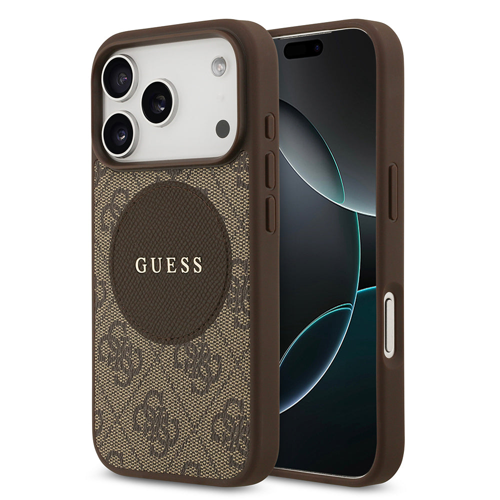 Apple iPhone 17 Pro Kılıf Guess Orjinal Lisanslı M-safe Şarj Özellikli Yazı Logolu Circle Classic Kapak  Kahverengi