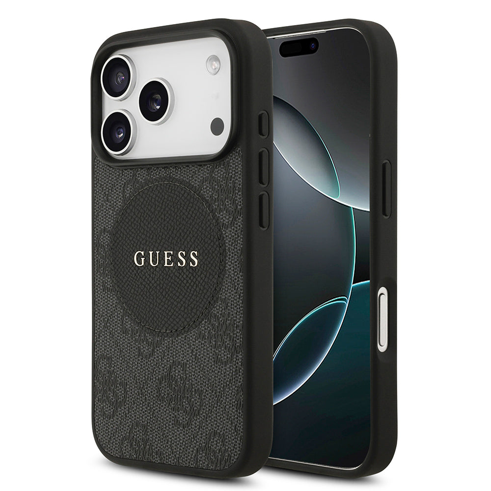 Apple iPhone 17 Pro Kılıf Guess Orjinal Lisanslı M-safe Şarj Özellikli Yazı Logolu Circle Classic Kapak  Siyah
