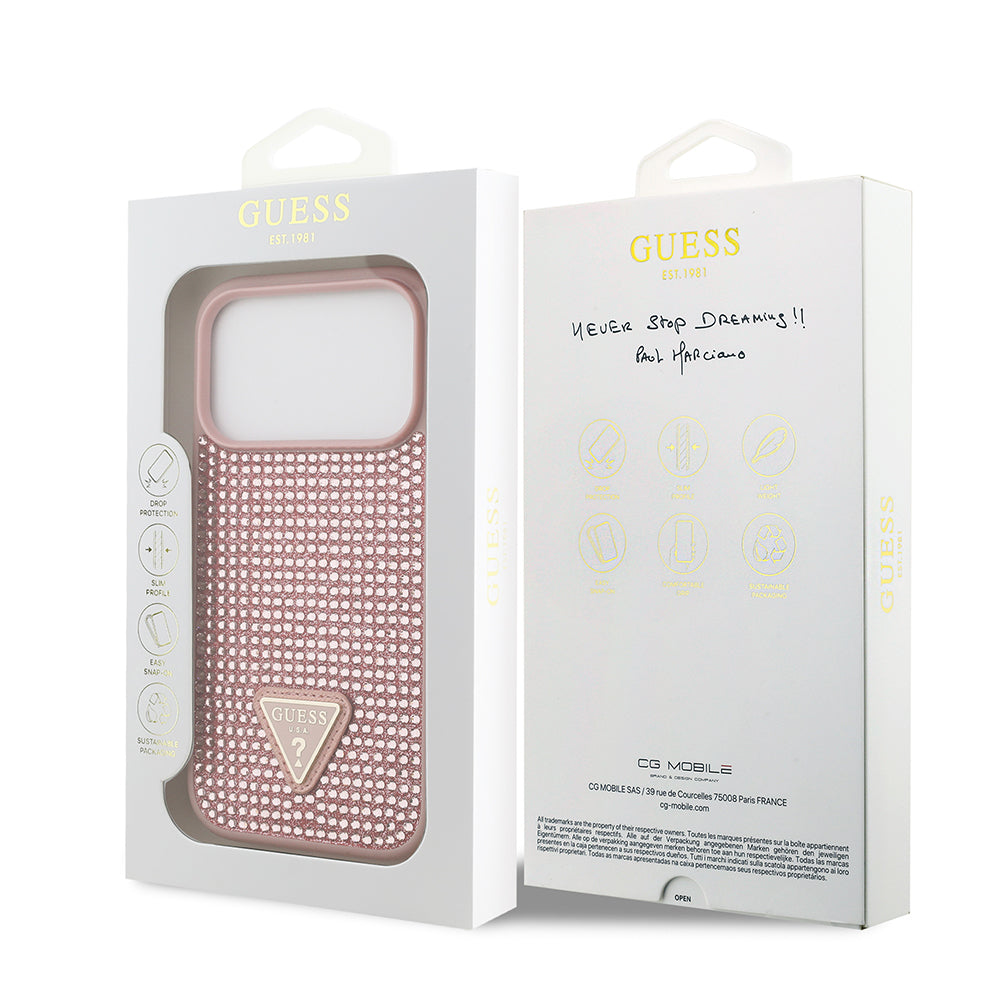 Apple iPhone 17 Pro Kılıf Guess Orjinal Lisanslı Taşlı Arka Yüzey Üçgen Logolu Kapak Gold