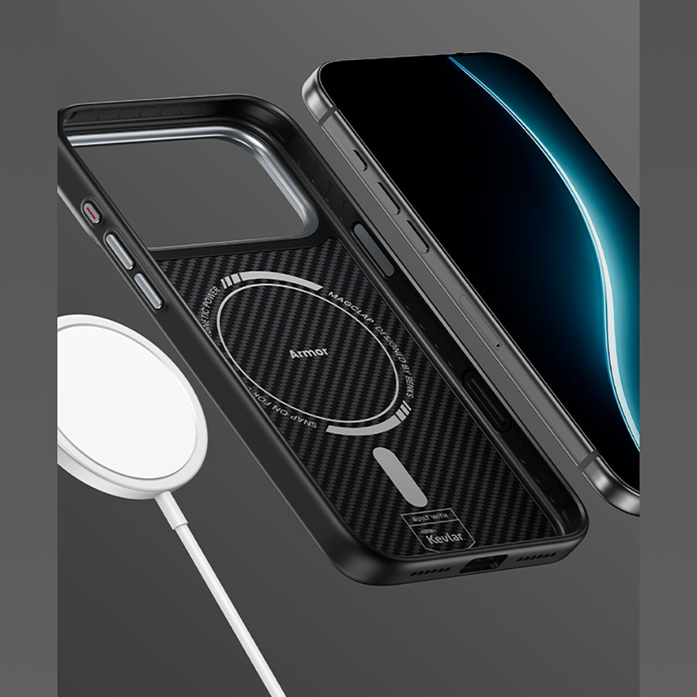 Apple iPhone 17 Pro Kılıf Karbon Fiber M-safe Şarj Özellikli Benks Hybrid ArmorPro 600D Kevlar Kapak Siyah
