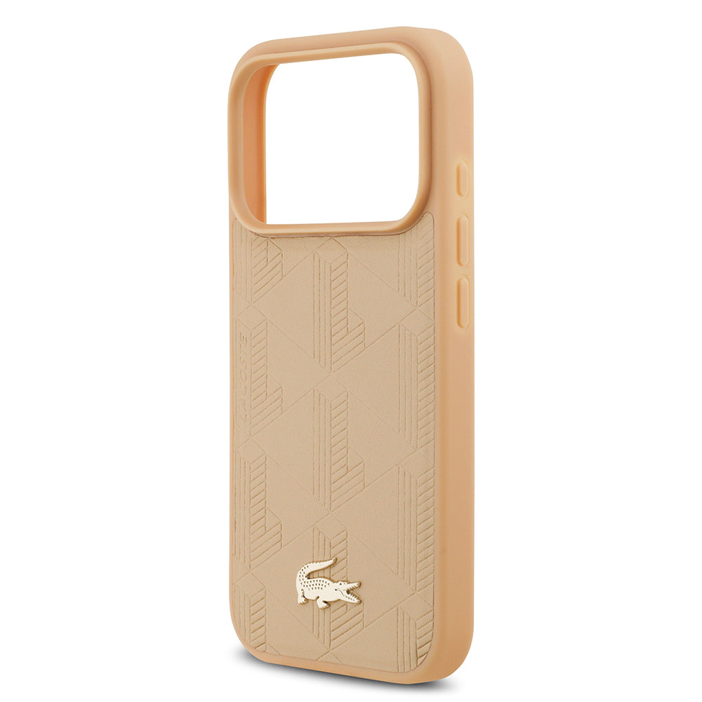 Apple iPhone 17 Pro Kılıf Lacoste Orjinal Lisanslı M-safe Şarj Özellikli PU Deri Tasarımlı Karışık Monogram Desenli Kapak  Bej