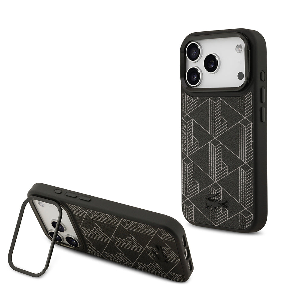 Apple iPhone 17 Pro Kılıf Lacoste Orjinal Lisanslı M-safe Şarj Özellikli Standlı PU Deri Karışık Monogram Desenli Kapak Yeşil