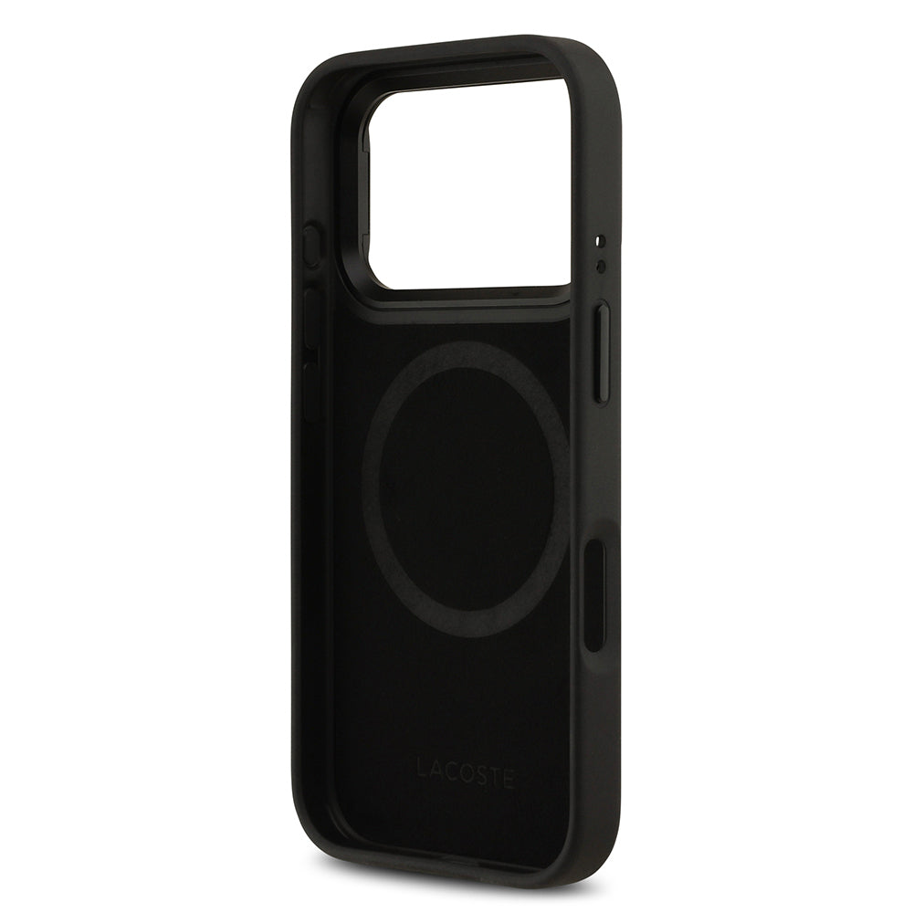 Apple iPhone 17 Pro Kılıf Lacoste Orjinal Lisanslı M-safe Şarj Özellikli Standlı PU Deri Karışık Monogram Desenli Kapak Siyah