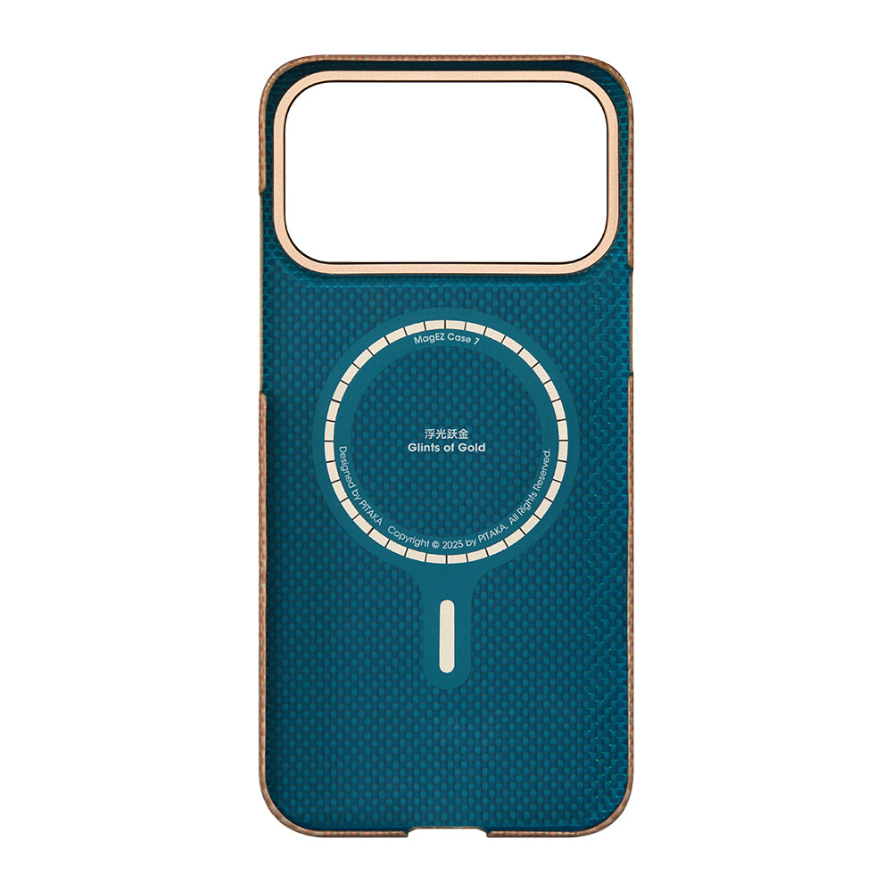 Apple iPhone 17 Pro Kılıf M-safe Şarj Özellikli Aramid Fiber Pitaka Glints of Gold Ultra Slim Serisi Kapak Mavi