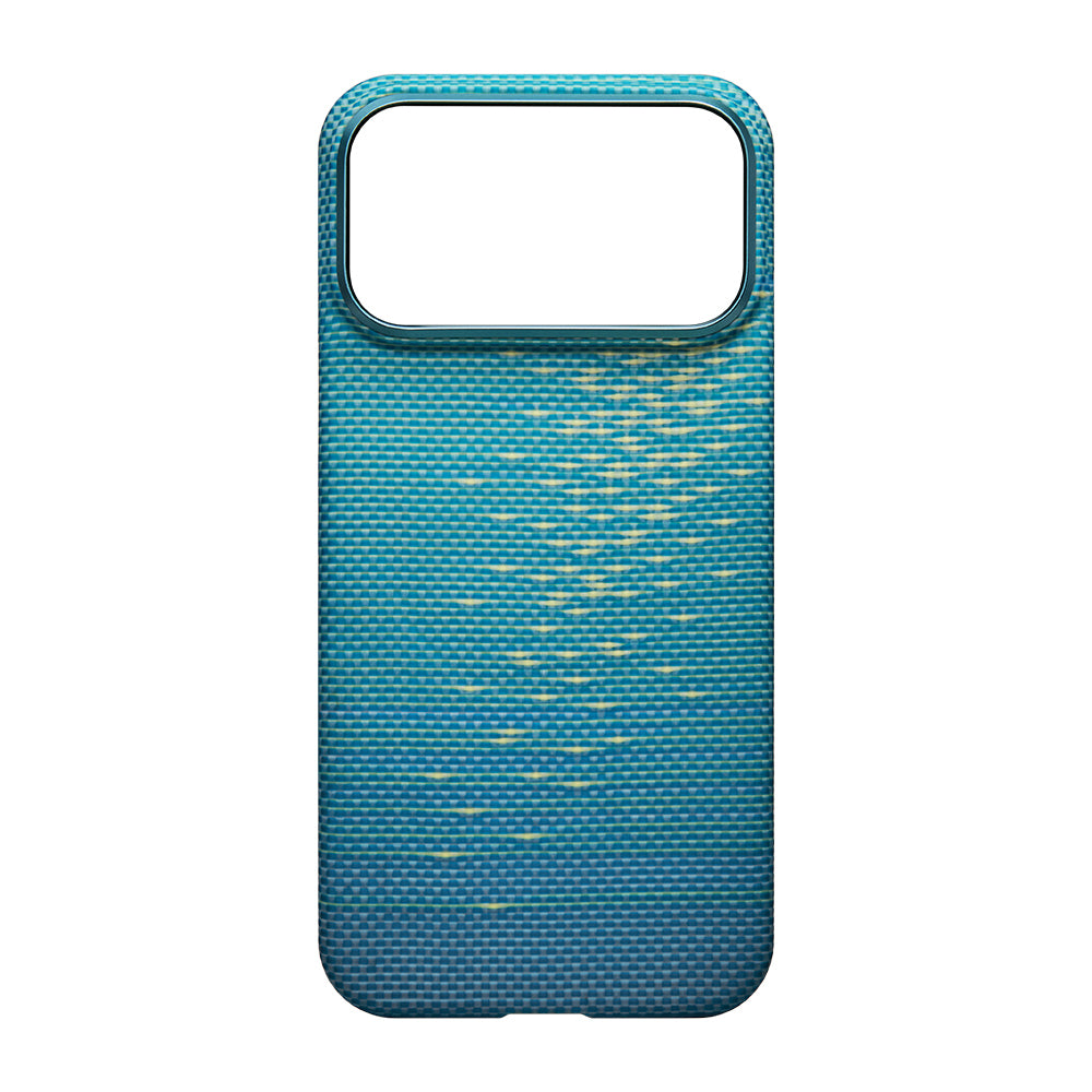 Apple iPhone 17 Pro Kılıf M-safe Şarj Özellikli Aramid Fiber Pitaka Glints of Gold Ultra Slim Serisi Kapak Mavi