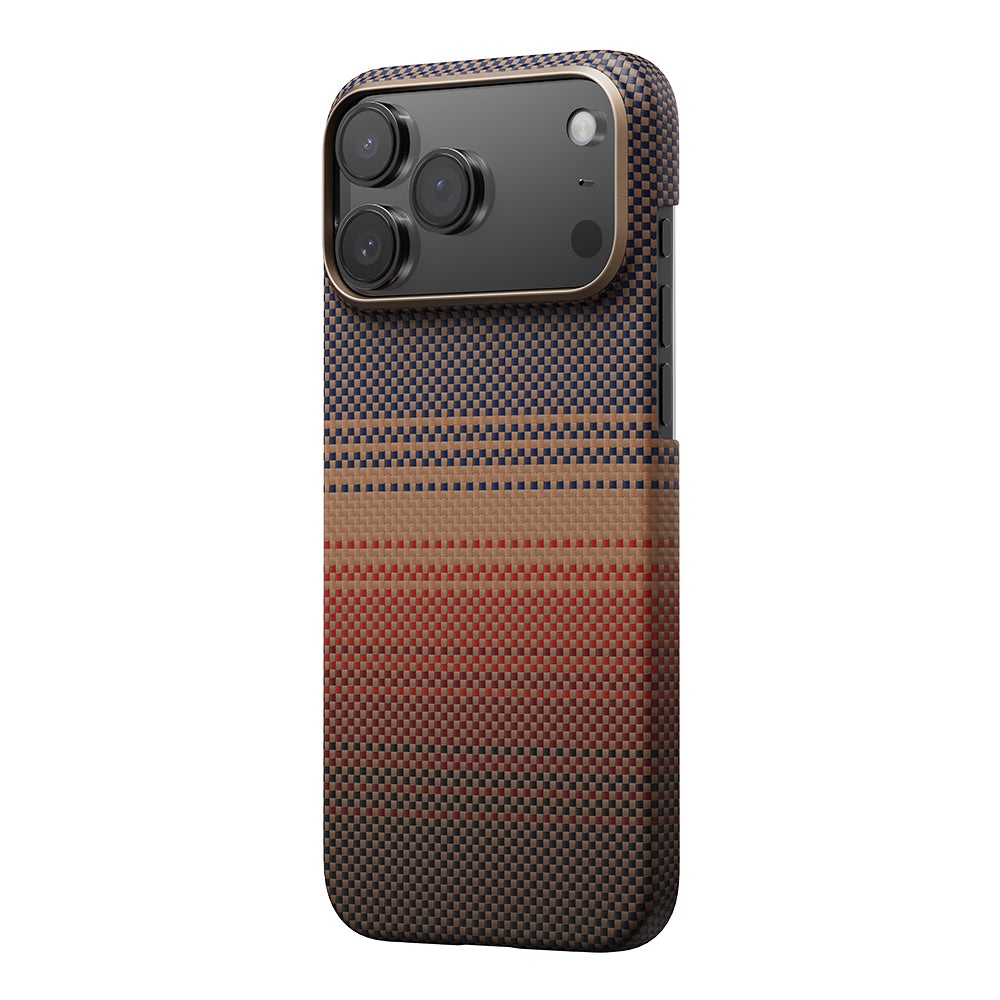 Apple iPhone 17 Pro Kılıf M-safe Şarj Özellikli Aramid Fiber Pitaka Tactile Woven Sunset-Moonrise Serisi Kapak Kahverengi