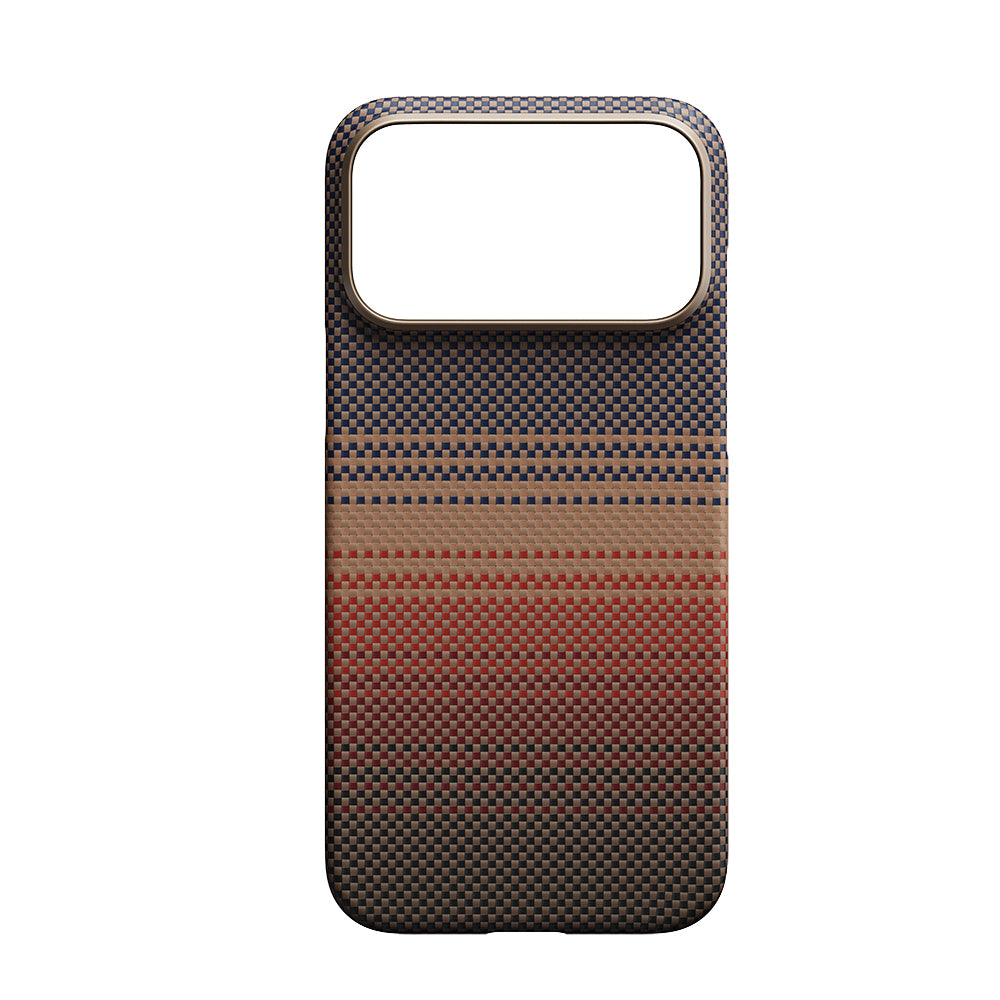 Apple iPhone 17 Pro Kılıf M-safe Şarj Özellikli Aramid Fiber Pitaka Tactile Woven Sunset-Moonrise Serisi Kapak Kahverengi