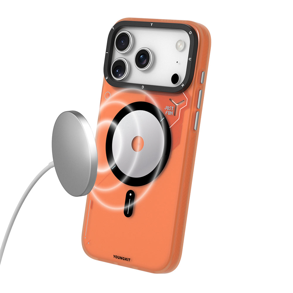 Apple iPhone 17 Pro Kılıf M-safe Şarj Özellikli Disk Desenli Youngkit Disc Battle Kapak Turuncu