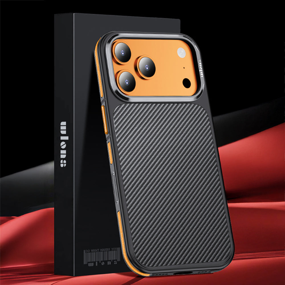 Apple iPhone 17 Pro Kılıf Mat Transparan Karbon Fiber Görünümlü Wlons Marin Kapak Turuncu