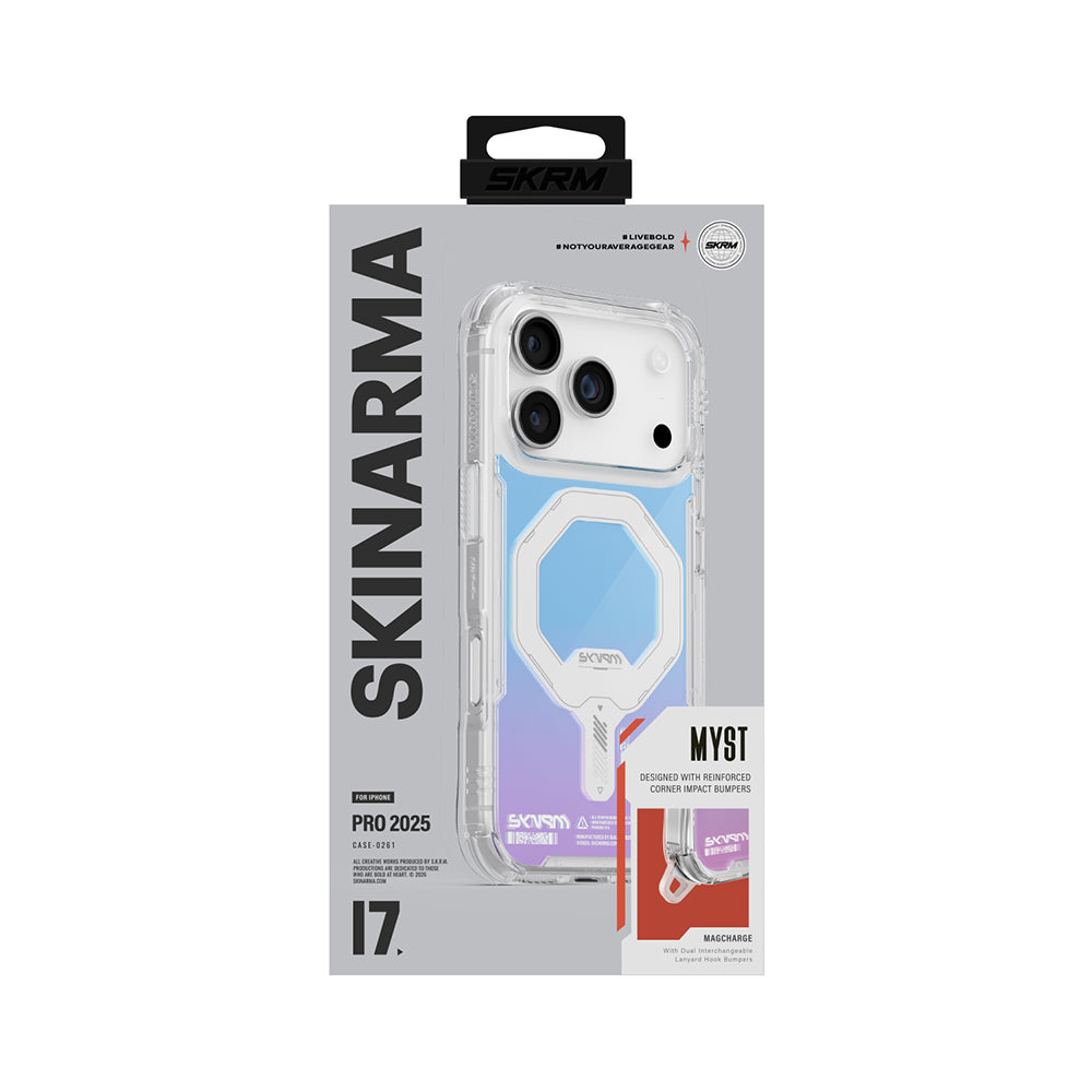 Apple iPhone 17 Pro Kılıf Skinarma M-Safe Şarj Özellikli IML Baskılı Holografik MYST Kapak Şeffaf