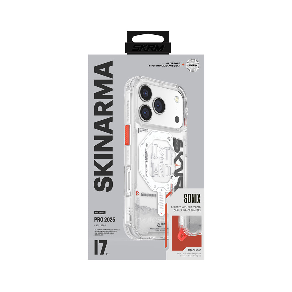 Apple iPhone 17 Pro Kılıf Skinarma M-safe Şarj Özellikli Yazı Desenli Airbag Tasarımlı Sonix Kapak Şeffaf