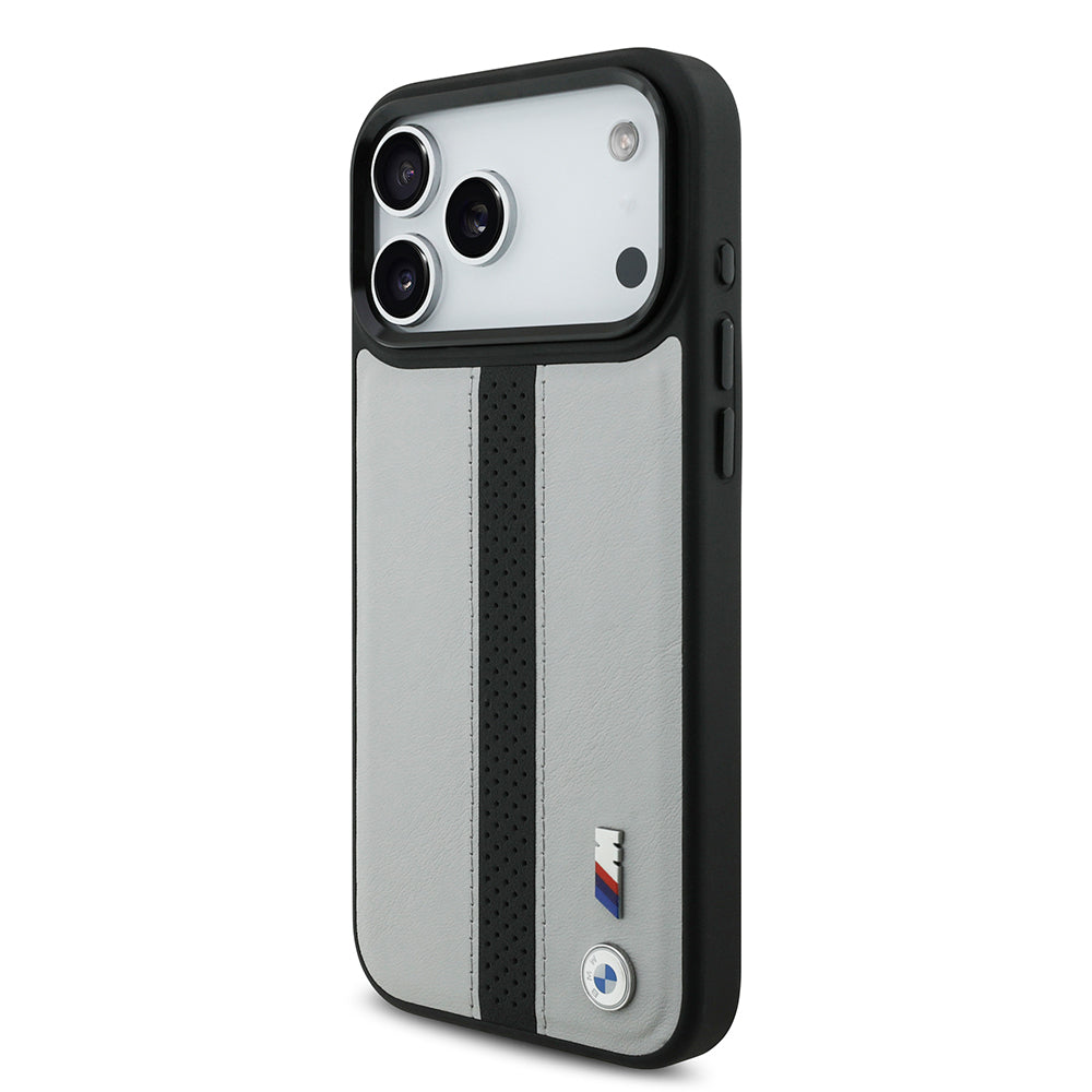 Apple iPhone 17 Pro Max Kılıf BMW Orjinal Lisanslı M-safe Şarj Özellikli Deri Arka Yüzey Metal Logolu Delikli Şerit Tasarımlı Kapak Gri