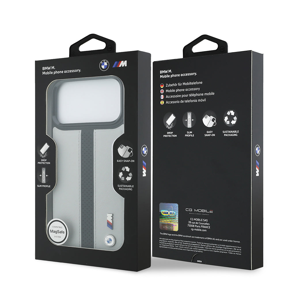 Apple iPhone 17 Pro Max Kılıf BMW Orjinal Lisanslı M-safe Şarj Özellikli Deri Arka Yüzey Metal Logolu Delikli Şerit Tasarımlı Kapak Gri