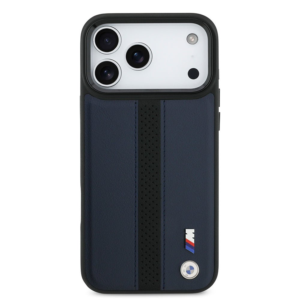 Apple iPhone 17 Pro Max Kılıf BMW Orjinal Lisanslı M-safe Şarj Özellikli Deri Arka Yüzey Metal Logolu Delikli Şerit Tasarımlı Kapak Lacivert