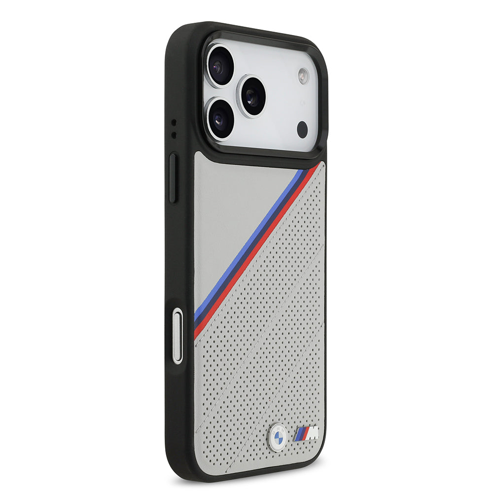 Apple iPhone 17 Pro Max Kılıf BMW Orjinal Lisanslı M-safe Şarj Özellikli M Logolu Üç Şeritli Delikli Deri Kapak Gri