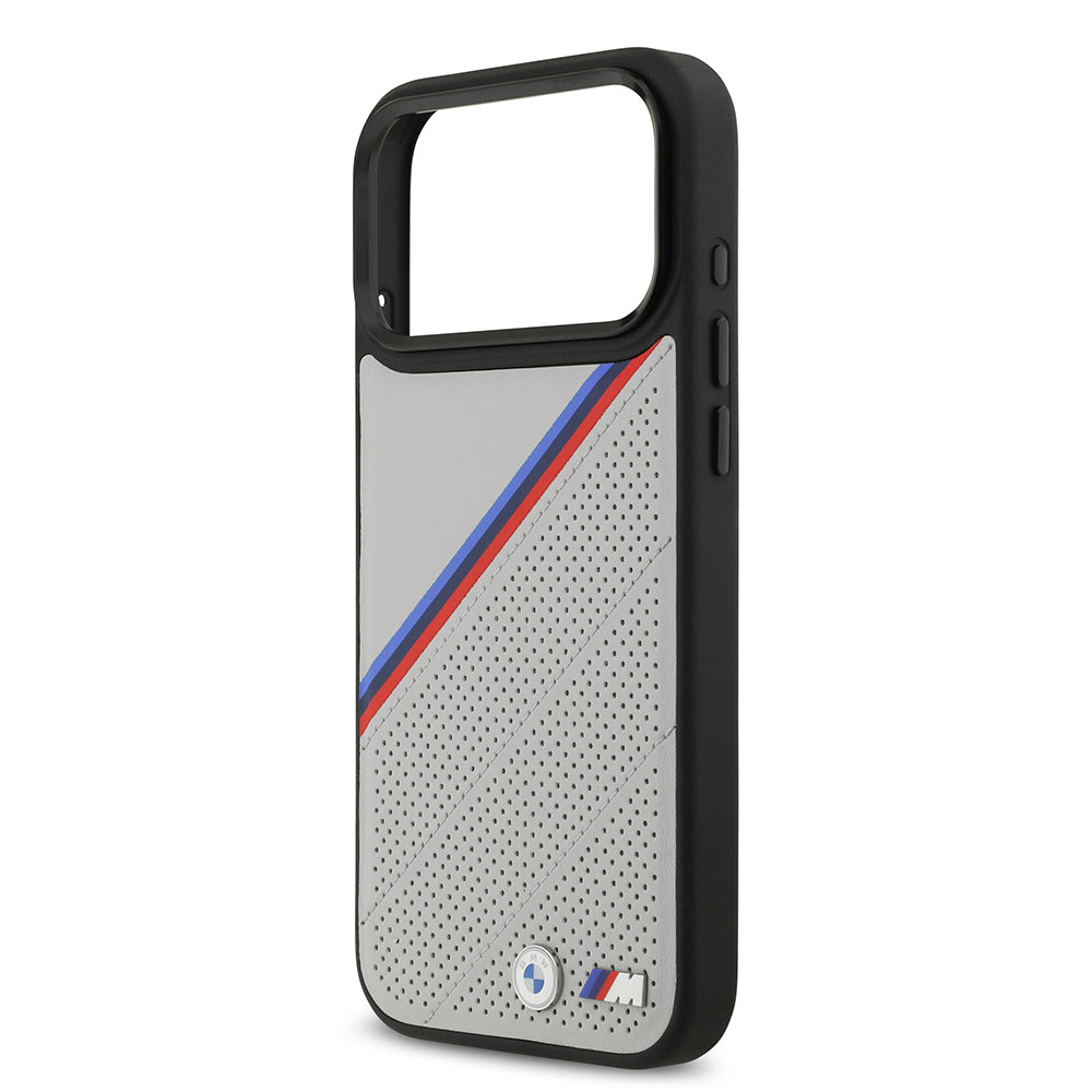 Apple iPhone 17 Pro Max Kılıf BMW Orjinal Lisanslı M-safe Şarj Özellikli M Logolu Üç Şeritli Delikli Deri Kapak Gri