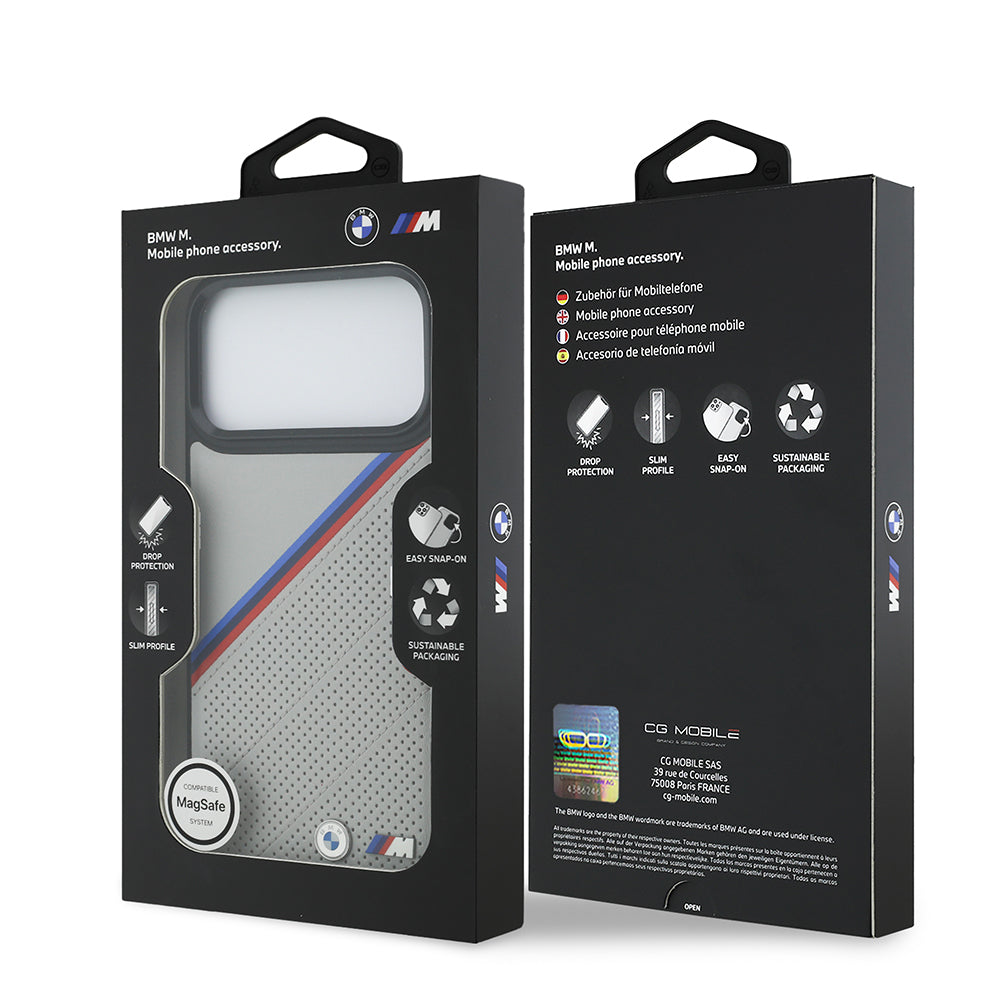 Apple iPhone 17 Pro Max Kılıf BMW Orjinal Lisanslı M-safe Şarj Özellikli M Logolu Üç Şeritli Delikli Deri Kapak Siyah