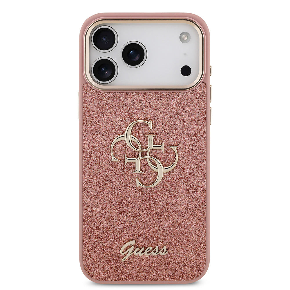 Apple iPhone 17 Pro Max Kılıf Guess Orjinal Lisanslı 4G Büyük Metal Kamera Çerçeveli ve Logolu Glitter Kapak Gold