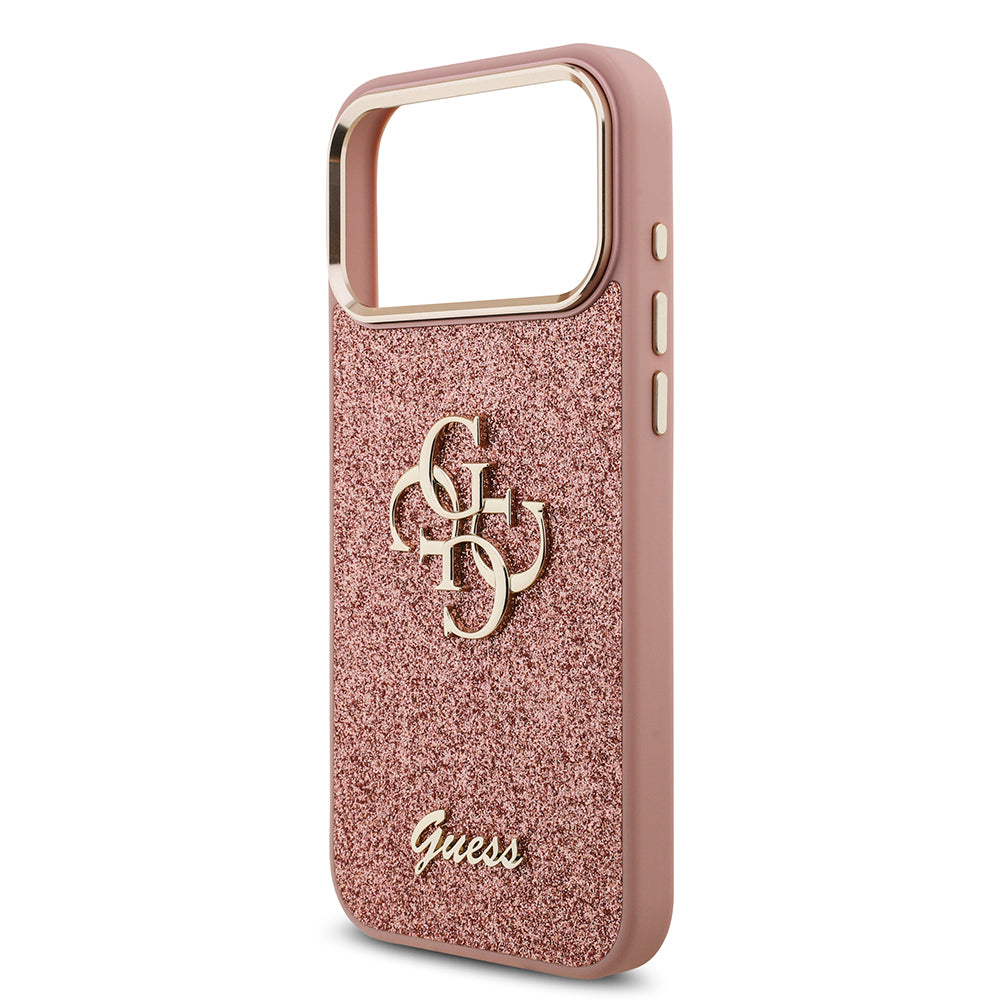 Apple iPhone 17 Pro Max Kılıf Guess Orjinal Lisanslı 4G Büyük Metal Kamera Çerçeveli ve Logolu Glitter Kapak Pembe