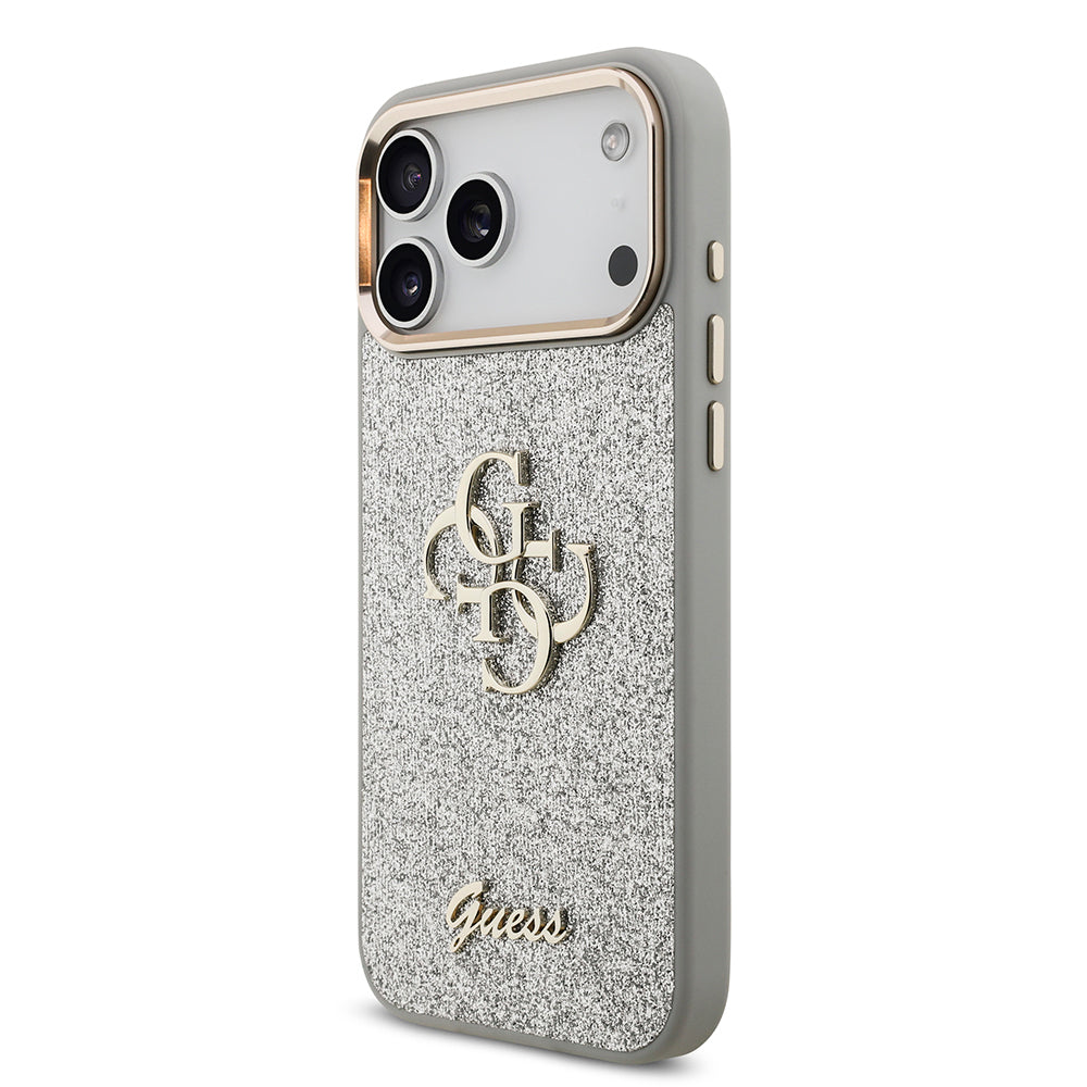 Apple iPhone 17 Pro Max Kılıf Guess Orjinal Lisanslı 4G Büyük Metal Kamera Çerçeveli ve Logolu Glitter Kapak Gold