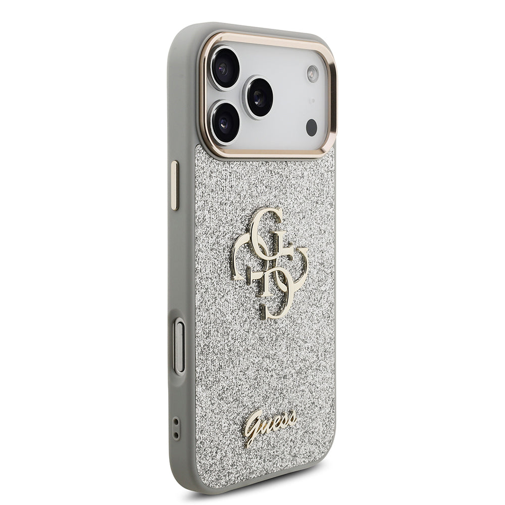 Apple iPhone 17 Pro Max Kılıf Guess Orjinal Lisanslı 4G Büyük Metal Kamera Çerçeveli ve Logolu Glitter Kapak Gold