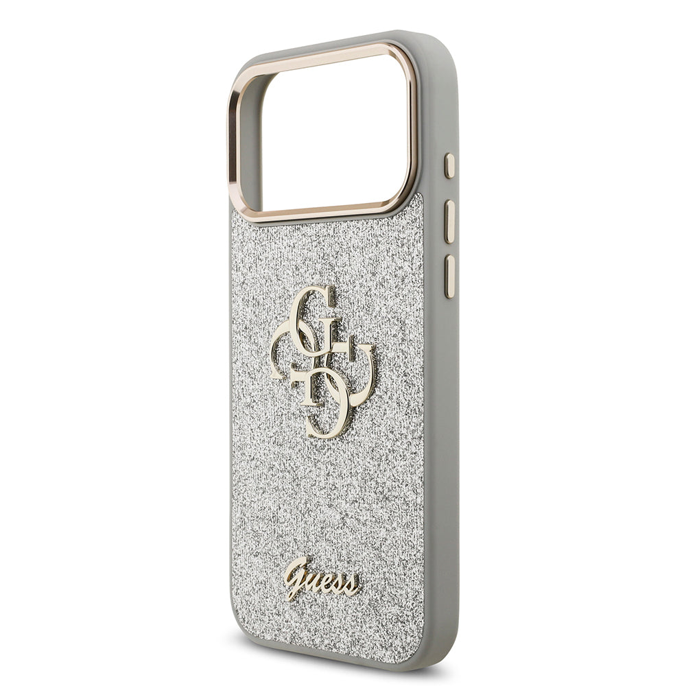 Apple iPhone 17 Pro Max Kılıf Guess Orjinal Lisanslı 4G Büyük Metal Kamera Çerçeveli ve Logolu Glitter Kapak Pembe
