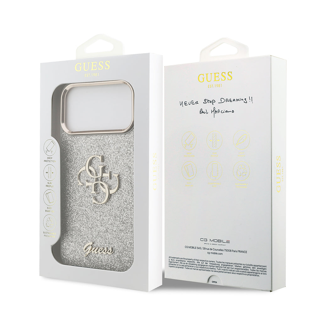 Apple iPhone 17 Pro Max Kılıf Guess Orjinal Lisanslı 4G Büyük Metal Kamera Çerçeveli ve Logolu Glitter Kapak Gold