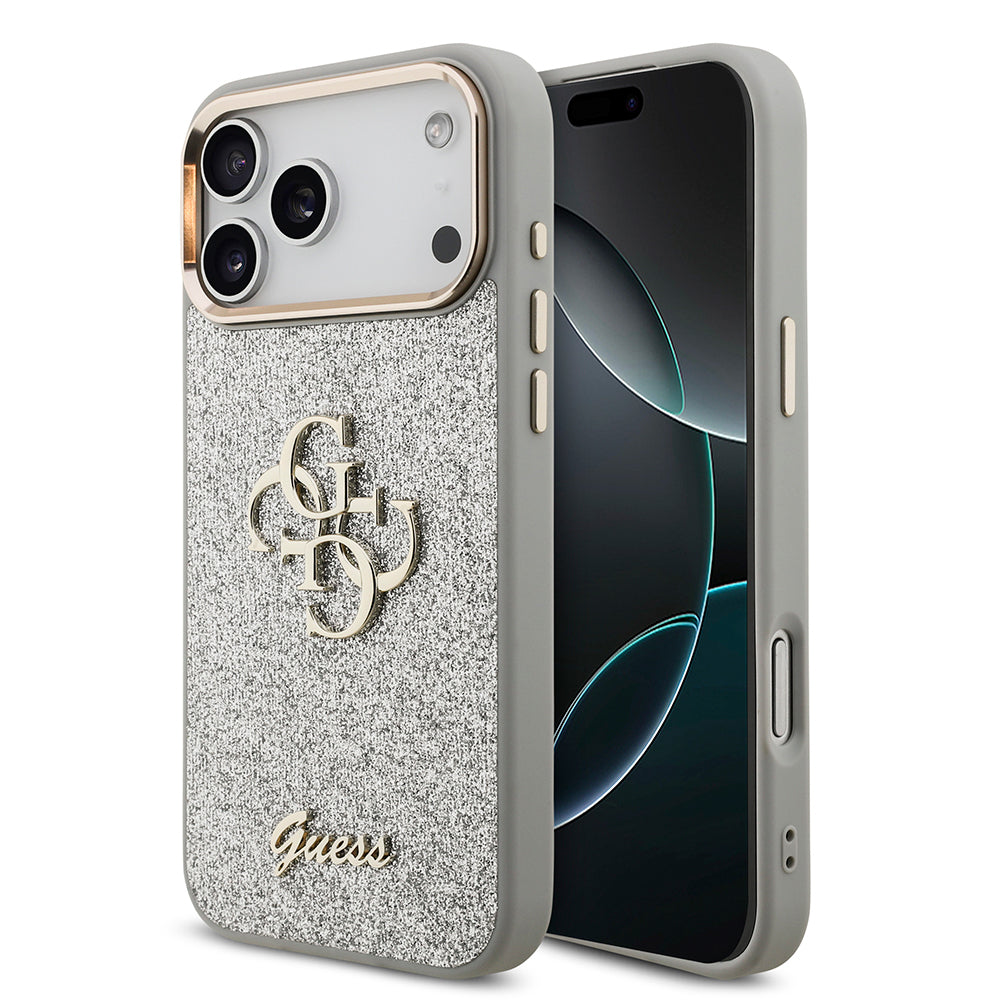 Apple iPhone 17 Pro Max Kılıf Guess Orjinal Lisanslı 4G Büyük Metal Kamera Çerçeveli ve Logolu Glitter Kapak Gri
