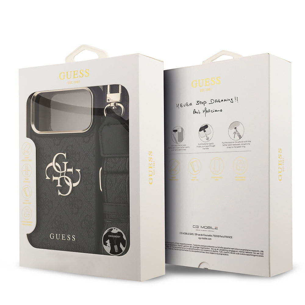 Apple iPhone 17 Pro Max Kılıf Guess Orjinal Lisanslı 4G Büyük Metal Logolu Kalın Askılı Kapak Siyah