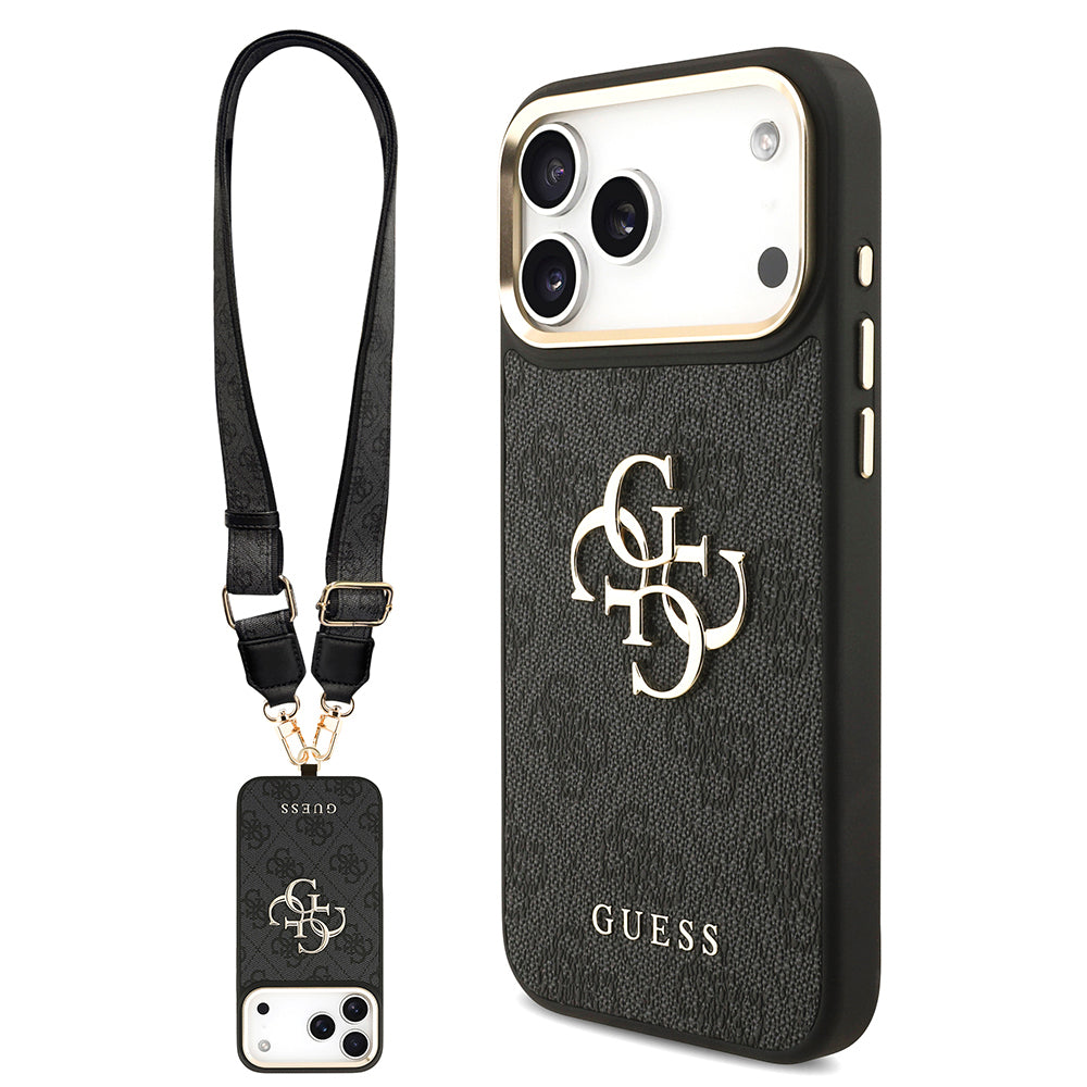 Apple iPhone 17 Pro Max Kılıf Guess Orjinal Lisanslı 4G Büyük Metal Logolu Kalın Askılı Kapak Siyah