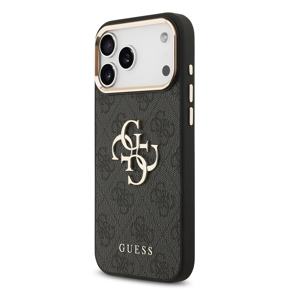 Apple iPhone 17 Pro Max Kılıf Guess Orjinal Lisanslı Gold Metal Kamera Çerçeveli 4G Desenli Metal Büyük 4G ve Yazı Logolu Kapak Siyah
