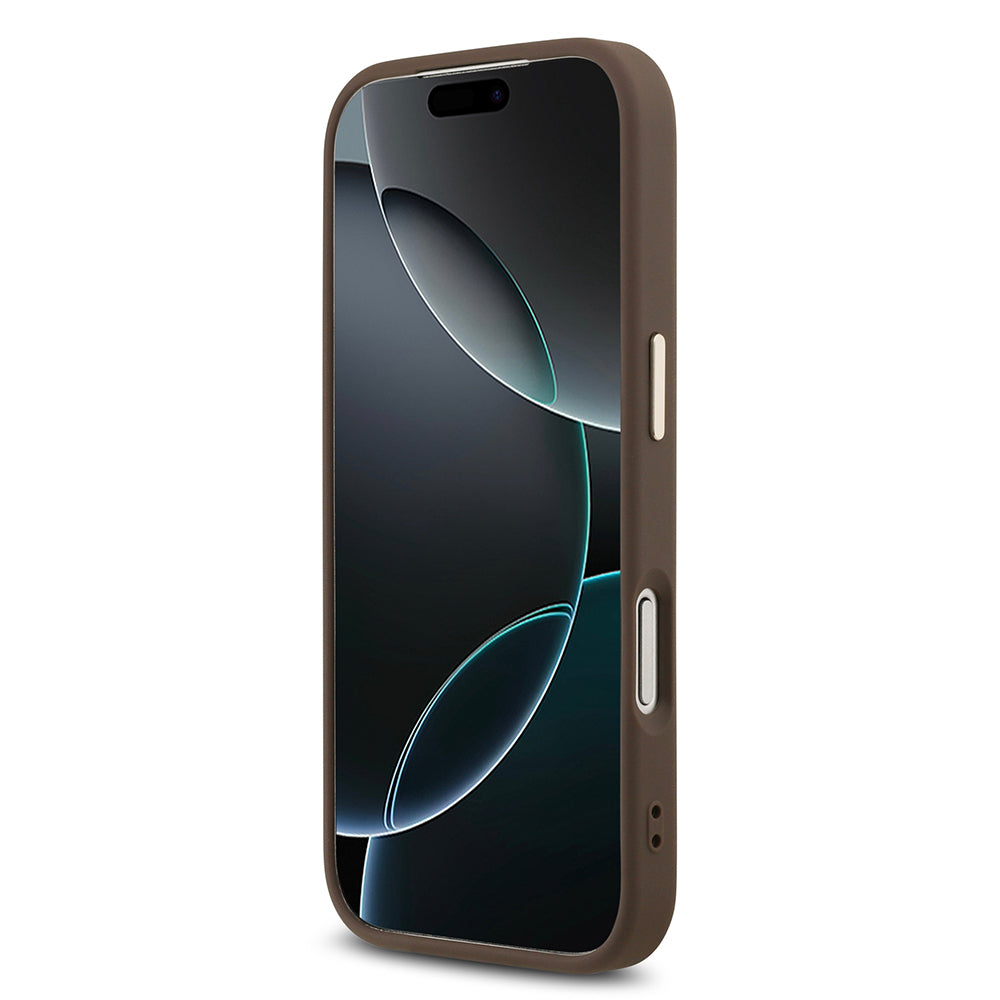 Apple iPhone 17 Pro Max Kılıf Guess Orjinal Lisanslı Gold Metal Kamera Çerçeveli 4G Desenli Metal Büyük 4G ve Yazı Logolu Kapak Kahverengi