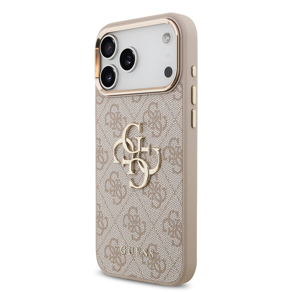 Apple iPhone 17 Pro Max Kılıf Guess Orjinal Lisanslı Gold Metal Kamera Çerçeveli 4G Desenli Metal Büyük 4G ve Yazı Logolu Kapak Kahverengi