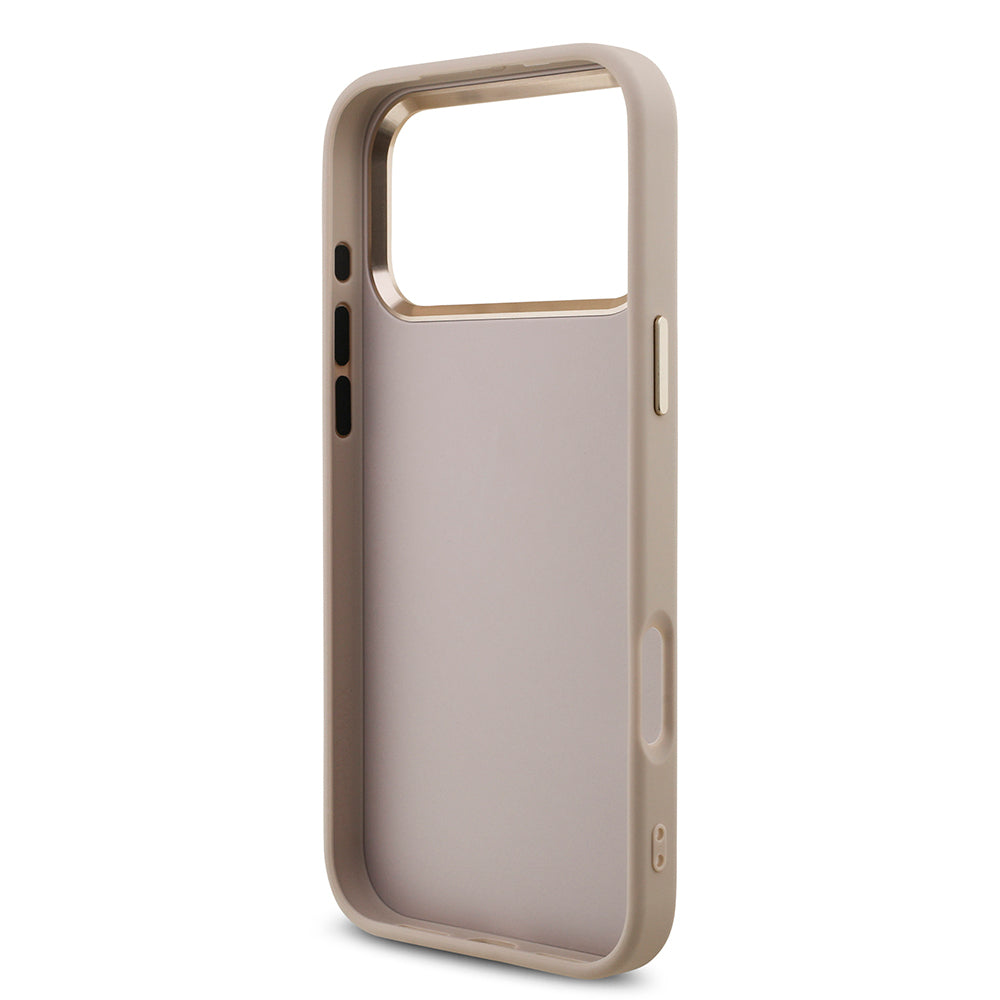 Apple iPhone 17 Pro Max Kılıf Guess Orjinal Lisanslı Gold Metal Kamera Çerçeveli 4G Desenli Metal Büyük 4G ve Yazı Logolu Kapak Kahverengi