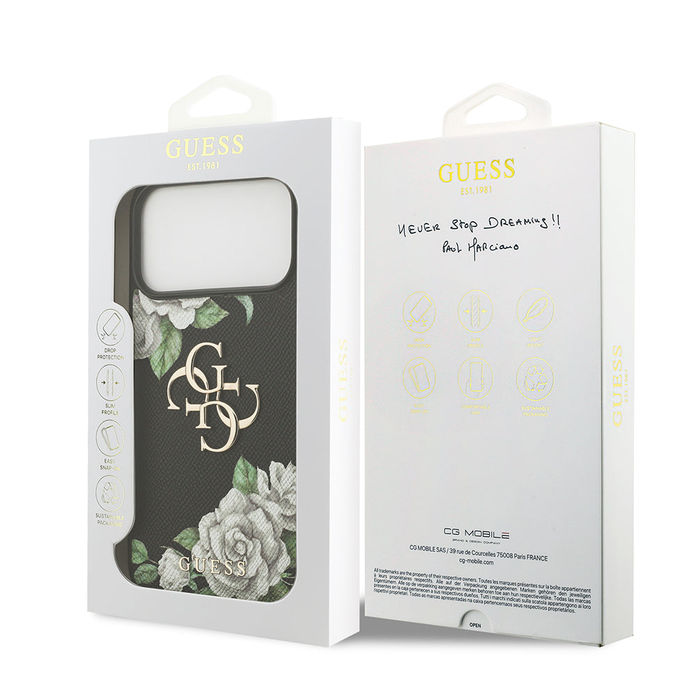 Apple iPhone 17 Pro Max Kılıf Guess Orjinal Lisanslı Gül Baskılı Büyük Metal Logo Dizaynlı Kapak Siyah